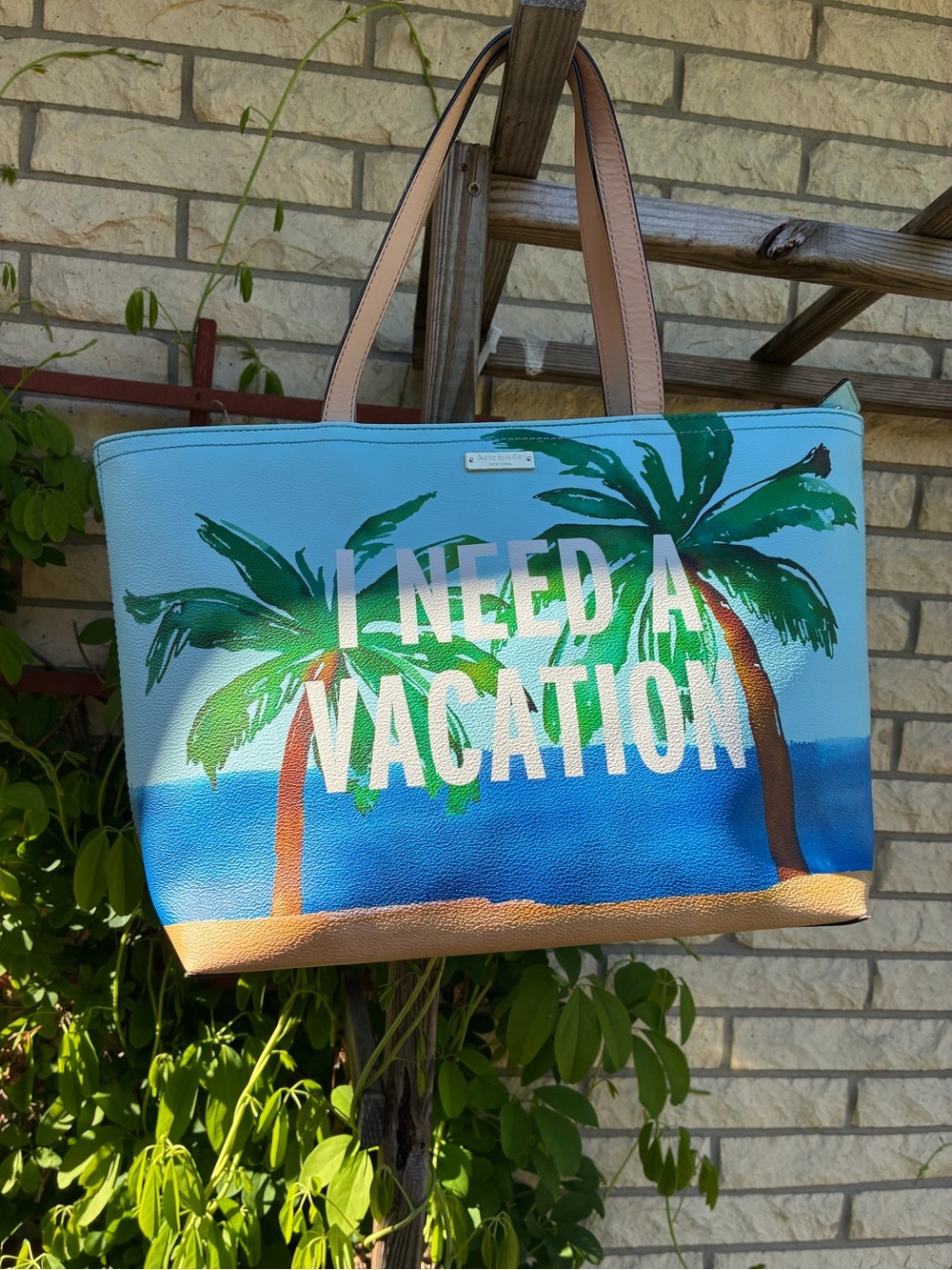 kate spade blue palm print 'I Need A Vacation' tote with tan trim